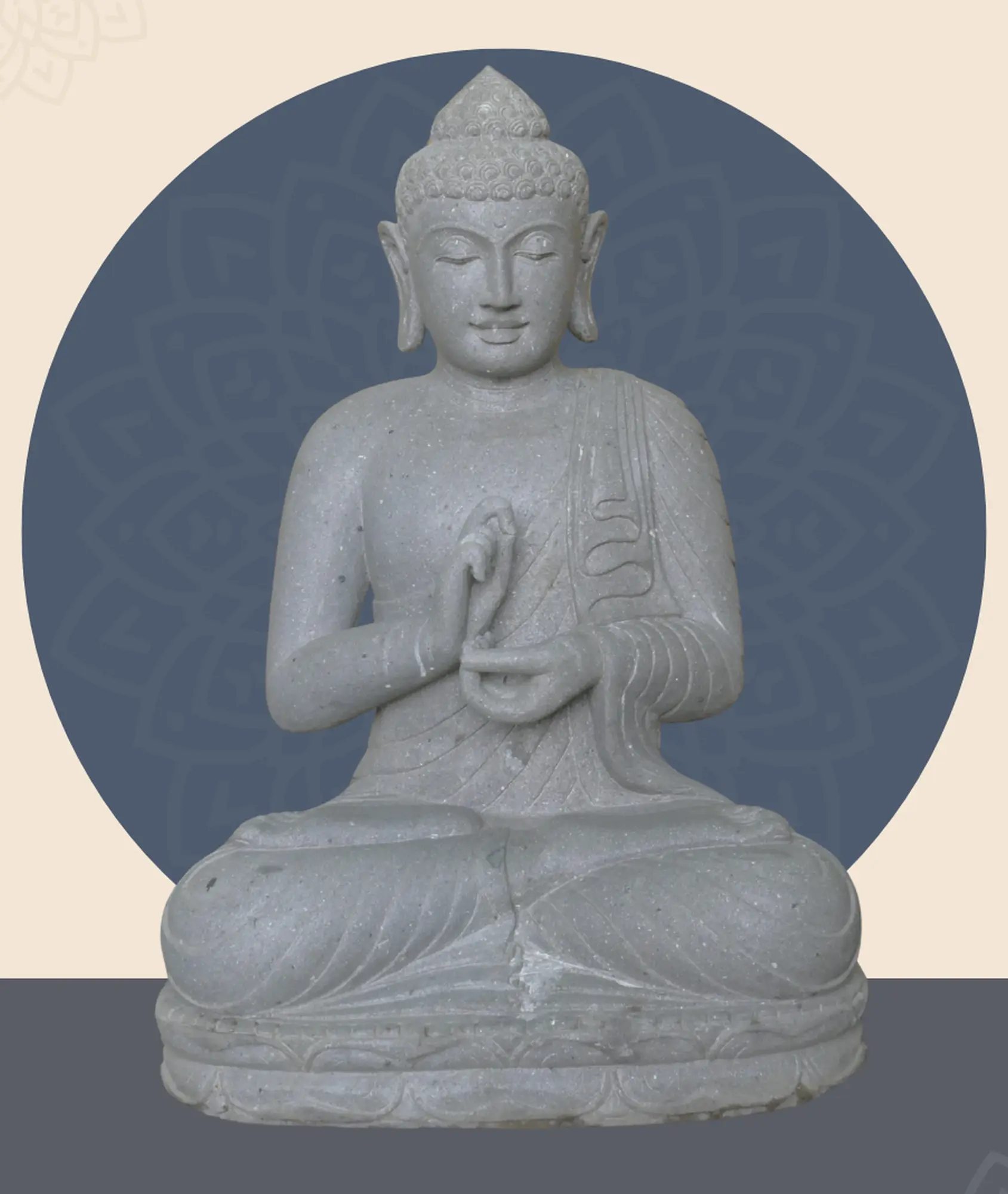  Product image 1 of the product “Seated Buddha made of Riverstone in Dharmachakra gesture of wheel of the teaching of the Dharma, H. 83cm. There is a stone eye on the left shoulder. ”